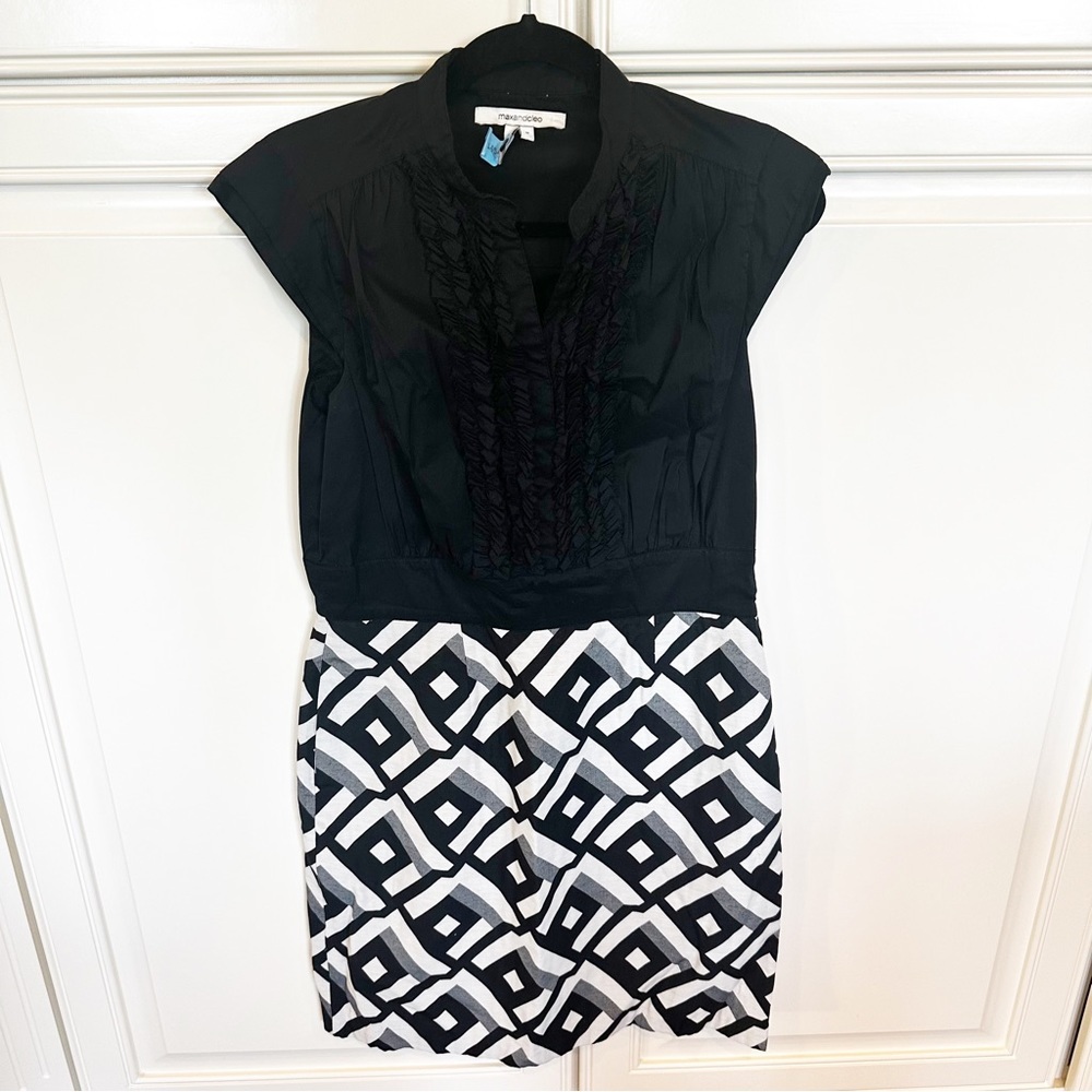 Max Cleo Women's Black White Geometric Skirt Ruffle Front Knee‎ Length Dress 12